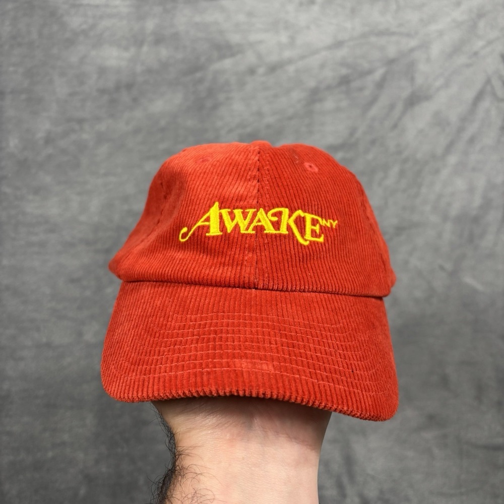 Awake New York Dad Hat Logo Cap Strapback Red Orange Cotton Corduroy Adjustable